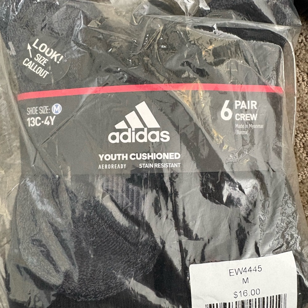 Youth Cushioned Adidas Crew Socks - Black (pack of 6)
